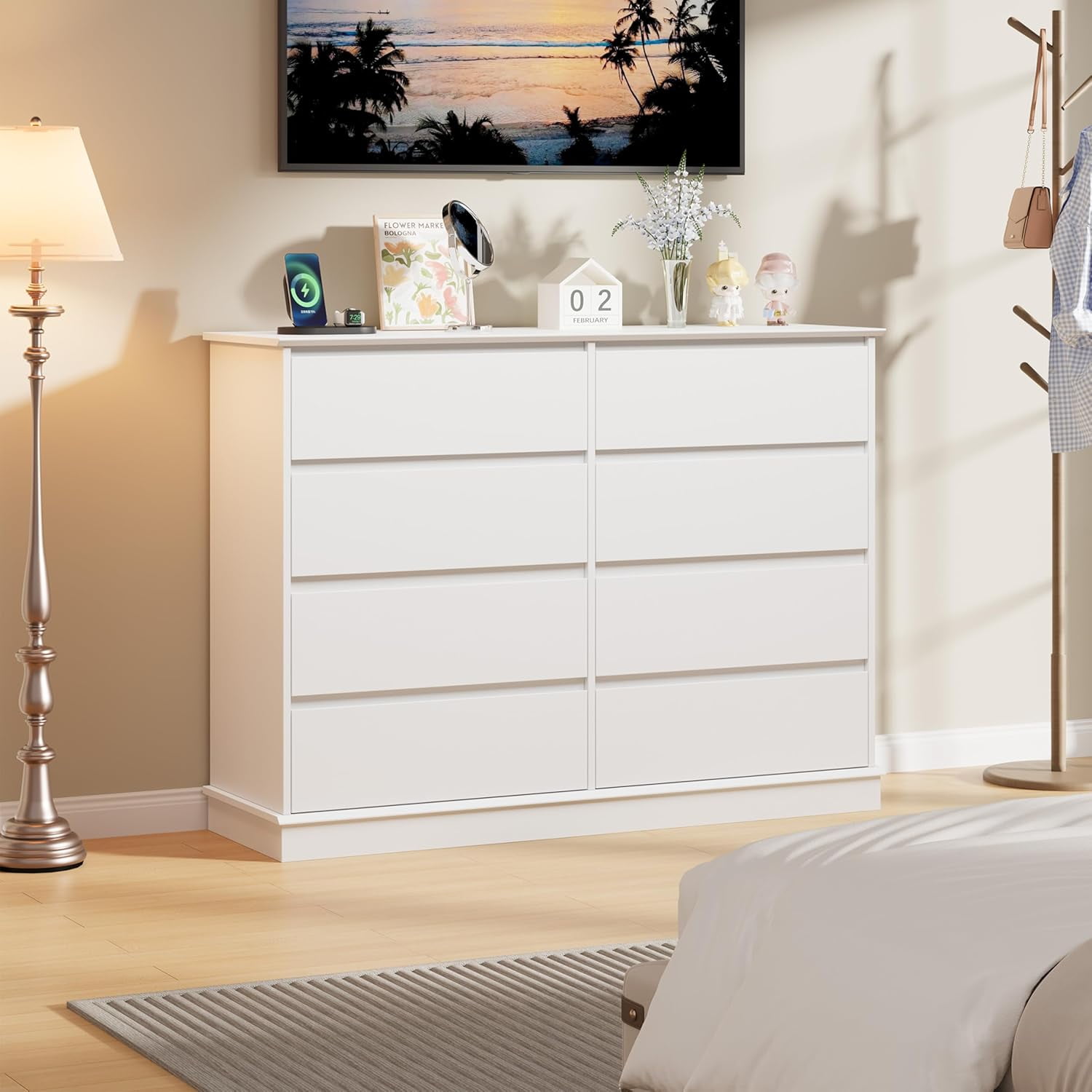 White Modern MDF 8-Drawer Dresser with Faux Linen Lining