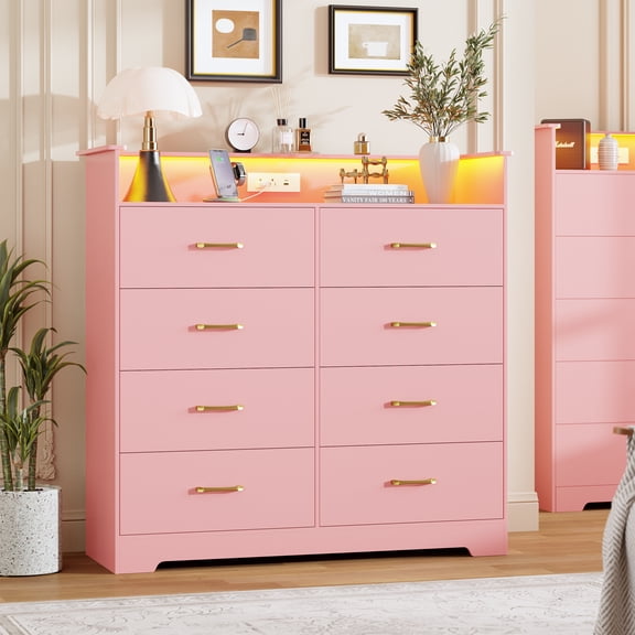 8 Drawer Dresser for Bedroom-47” Tall Chest of Drawers with LED Light and Charging Station, Modern Organizer Cabinet with Open Shelf Table for Living Room, Entryway, Hallway,Pink