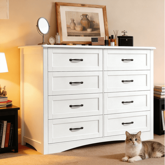 8 Drawer Dresser for Bedroom, Lofka White Dresser with Mental Handle for Living Room, White