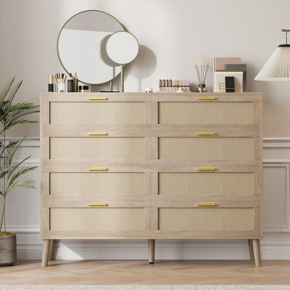 8 Drawer Dresser for Bedroom,Wood Dresser & Chest of Drawers,Natural Rattan Modern Double Storage Dresser Cabinet for Living Room Hallway Entryway