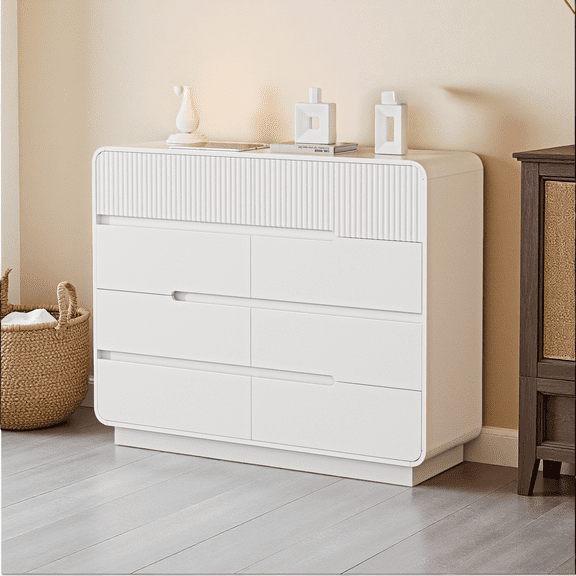 White Dresser with 8 Storage,TV Stand Natural Oak 8 Drawer Dresser,Storage Nightstand for Living Room Bedroom TV Stand