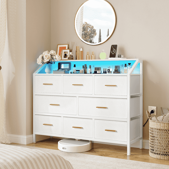 White Dresser with LED Light & Charging Station,Storage of Chest Organizer 8 Drawer for Bedroom, Living Room, Hallway