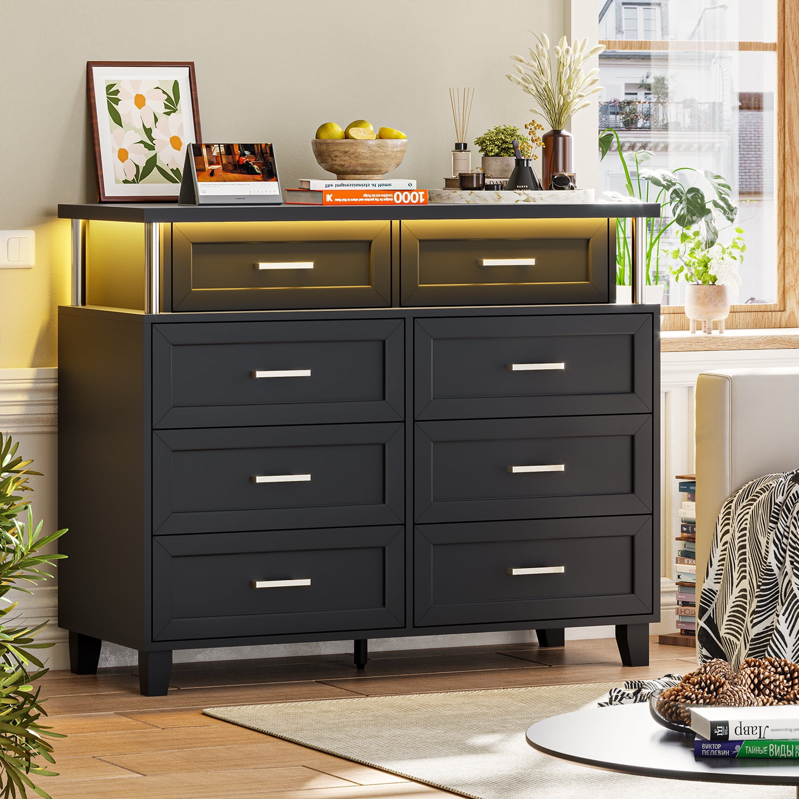 8 Drawer Dresser with Led Light,Black Dresser with Column Design