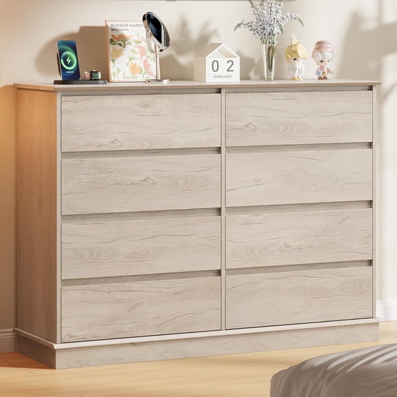 8 Drawer Dressers for Bedroom, Chest of Drawers with Deep Drawers, Large Double Dresser for Closet with Wide Top, Horizontal Wooden Dresser for Living Room, Hallway, Kids Room, Oak