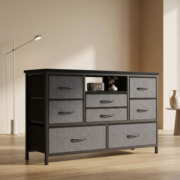 8 Drawer Fabric Dresser with LED Lights and Charging Station, Metal Frame TV Stand for Bedroom Living Room, 47 Inches