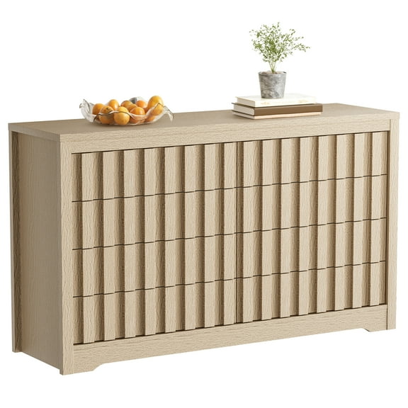 8-Drawer Fluted Dresser, Handleless Wood Storage Cabinet with Natural Oak Finish for Bedroom and Living Room Organization