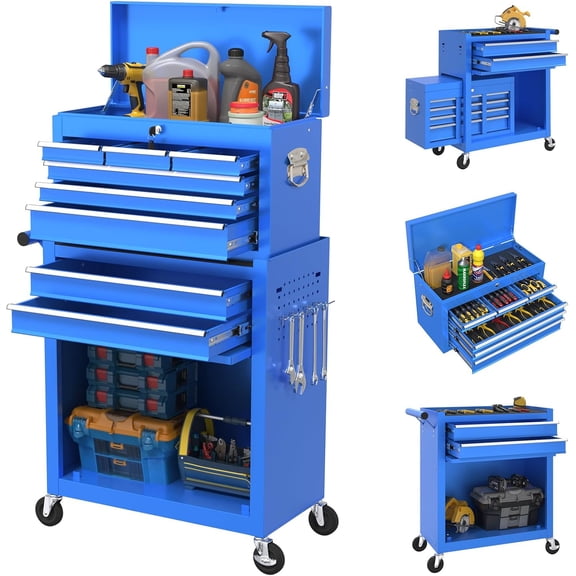 8-Drawer Heavy Duty Tool Chest with Wheels - Industrial Rolling Tool Box, Lockable Drawers & Smooth Glide System for Mechanics, Garage, Auto Repair Shop(Blue)
