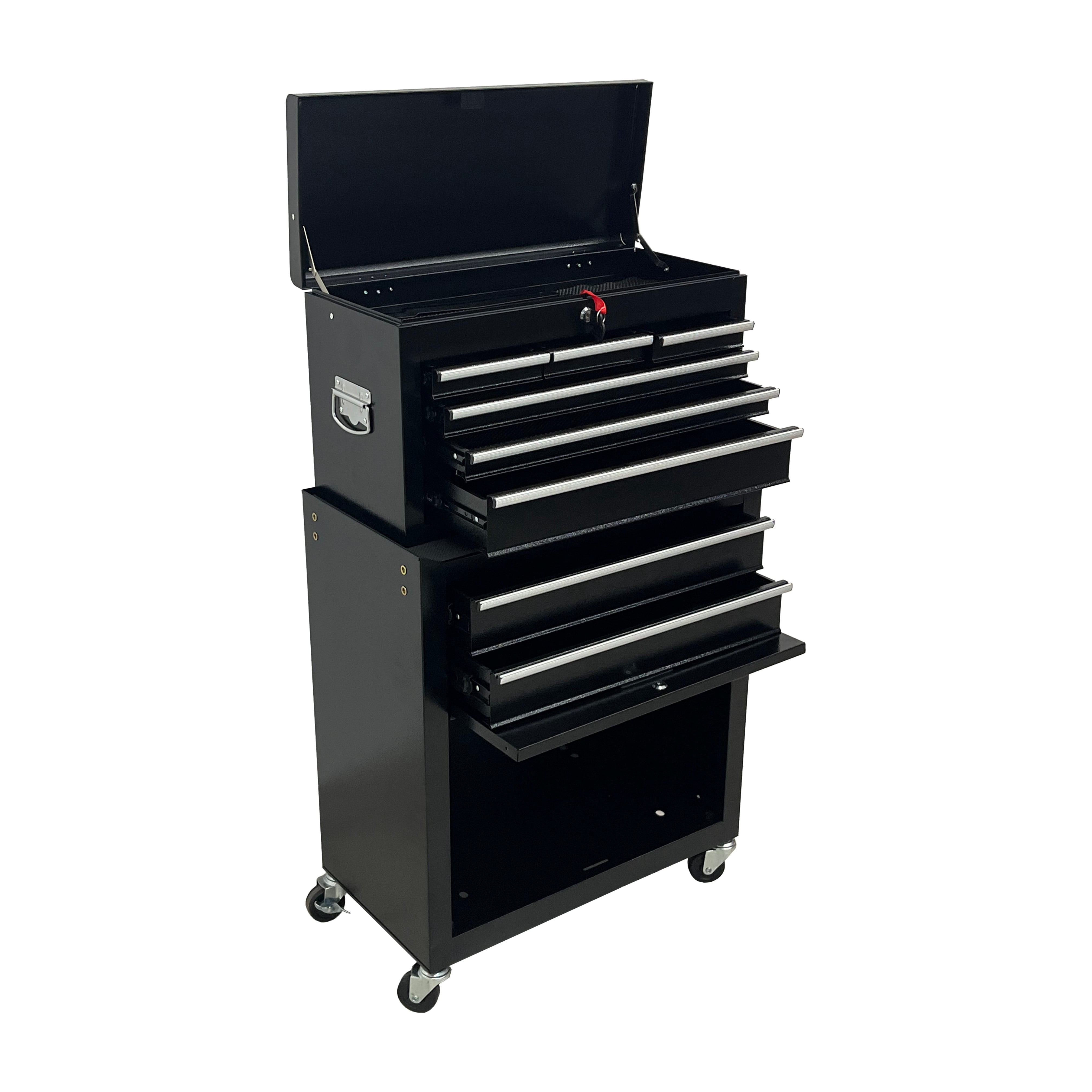 8 Drawer High‑Capacity Rolling Tool Chest, 2‑in‑1 Detachable Top Box,Metal Tool Storage Cabinet with Drawer Liners, Lockable Wheels & Side Hooks, Heavy‑Duty Tool Cart for Garage Workshop, Black