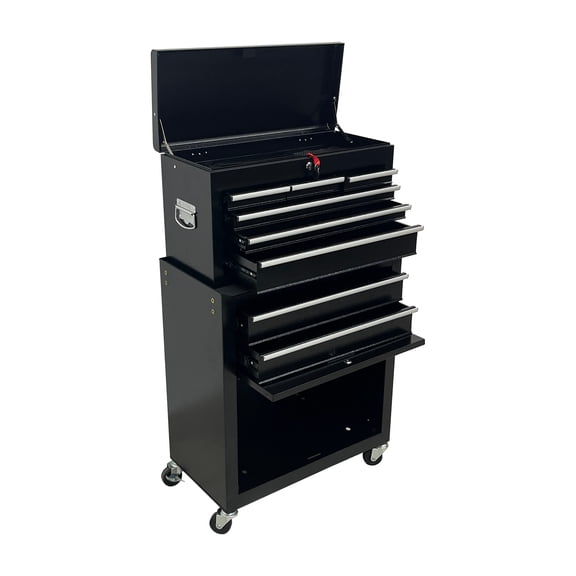 8 Drawer HighCapacity Rolling Tool Chest, 2in1 Detachable Top Box,Metal Tool Storage Cabinet with Drawer Liners, Lockable Wheels & Side Hooks, HeavyDuty Tool Cart for Garage Workshop, Black