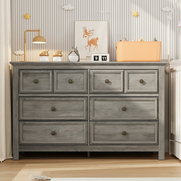 8 Drawer Horizontal Dresser for Bedroom, Modern Farmhouse Chest of Drawers Wood Storage Cabinet for Living Room, Gray