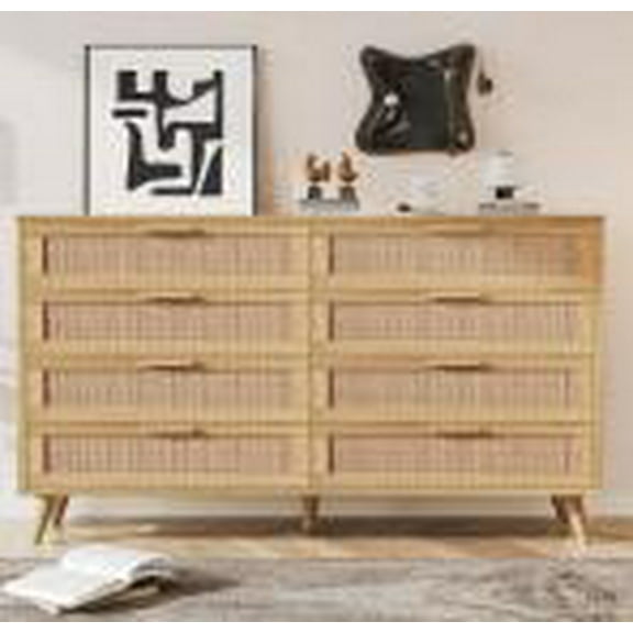 8 Drawer Rattan Dresser with Large Table Top,Mid Century Modern Dresser for Closet Dresser Bedroom, Living Room, Hallway, Entryway,47.2" x 15.7" x 37"