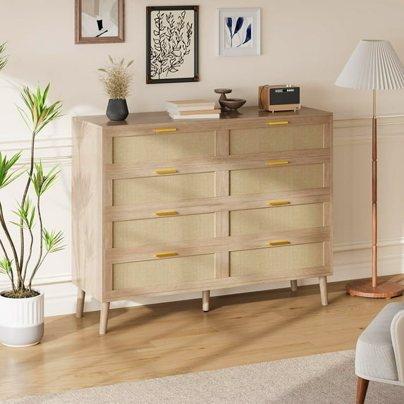 8 Drawer Rattan Dresser for Bedroom Modern Wood Dresser Chest with Handles and Wood Legs, for Living Room Entryway