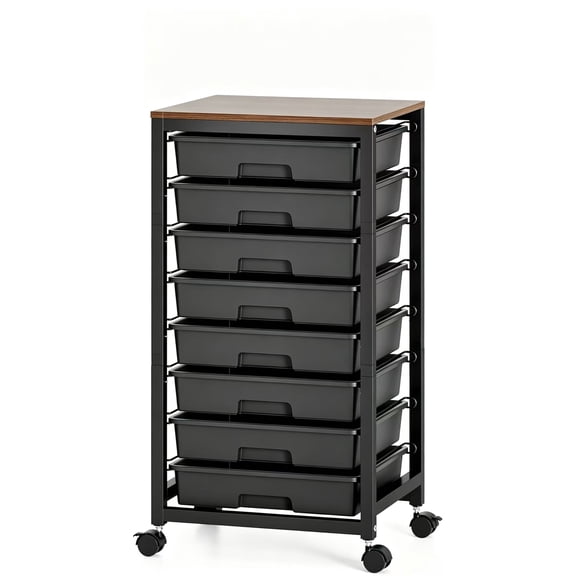 8-Drawer Rolling Storage Cart with Wooden Top, Heavy-Duty Metal Frame Utility Organizer Cart with Lockable Casters for Office, Art Craft & Tool Storage