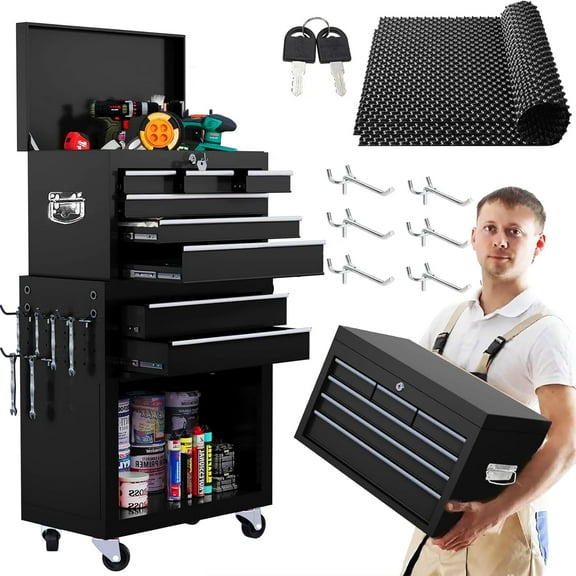 8-Drawer Rolling Tool Chest, 2-in-1 Tool Box with Wheels Metal Tool Chest Cabinet for Garage, Workshop, Black