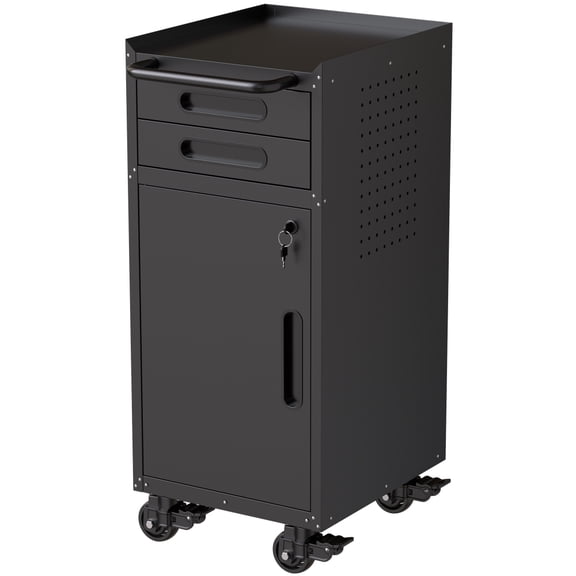 34.3" Narrow Rolling Tool Cabinet - Space-Saving Garage Storage with Lockable Door, 2 Drawers and Large Handle, Slim Metal Organizer for Tight Spaces