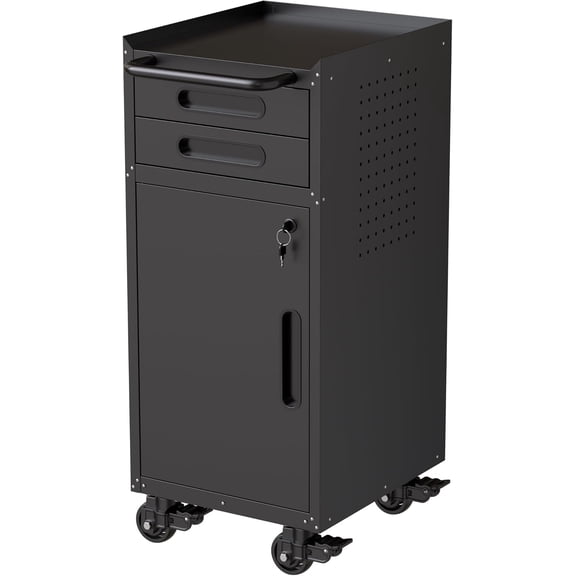 Narrow Rolling Tool Cabinet with Lockable Door, 2-Drawer Slim Metal Tool Chest on Wheels, Space-Saving Garage Storage Organizer for Tight Spaces, Mobile Tool Cart for Workshop, Black