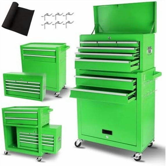 8-Drawer Rolling Tool Chest with Detachable Top Tool Box, Lockable Metal Tool Cabinet, and Liner, Heavy-Duty Storage Organizer with Wheels and 6 Hooks for Garage, Workshop, Green