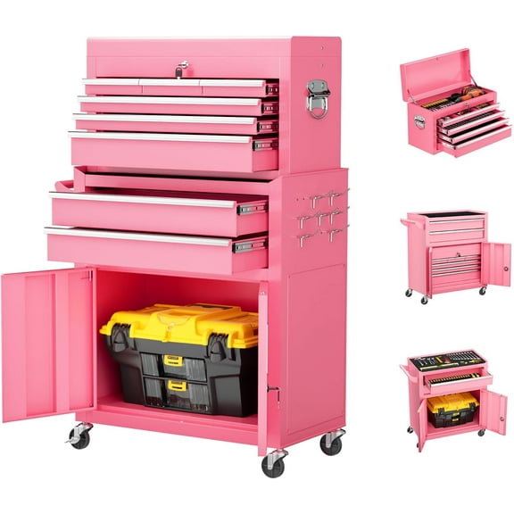 8-Drawer Rolling Tool Chest - Heavy-Duty Steel Tool Cabinet with Detachable Top Box, Locking Wheels & Security System for Garage/Workshop, 2-in-1 Design (Pink)