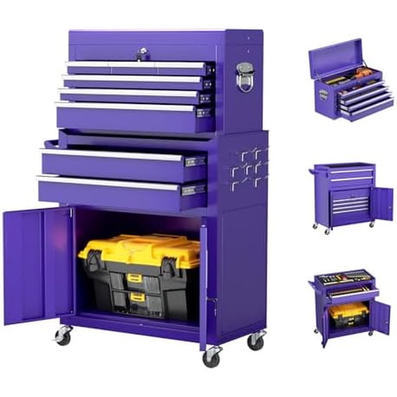 8-Drawer Rolling Tool Chest - Heavy-Duty Steel Tool Cabinet with Detachable Top Box, Locking Wheels & Security System for Garage/Workshop, 2-in-1 Design (Purple)$$Tools