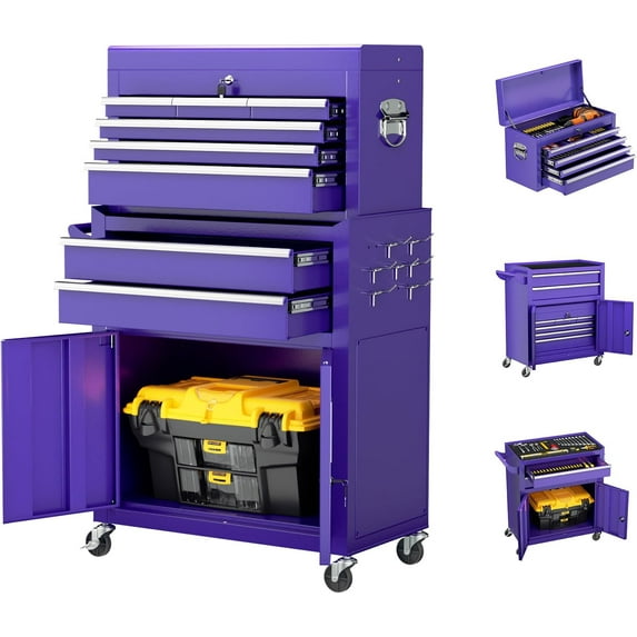 8-Drawer Rolling Tool Chest with Lock, Detachable Tool Cabinet Cart with Wheels, High-Capacity Mechanic Tool Organizer for Garage Workshop Warehouse Storage(Purple)