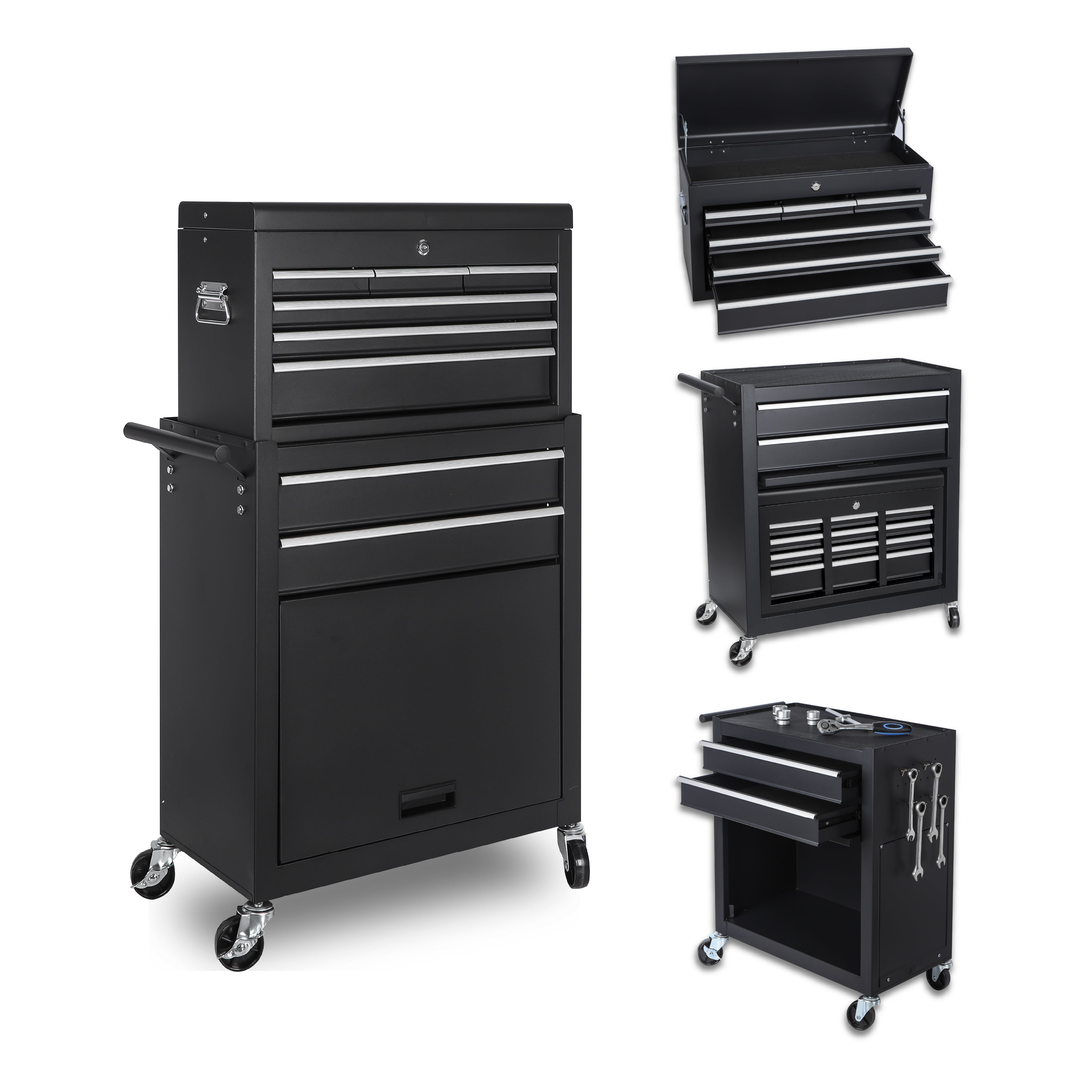8-Drawer Rolling Tool Chest,Metal Tool Storage Cabinet with Detachable 2-in-1 Top Tool Box,Lockable Casters, Side Hooks, Lockable Drawers with Liners, Mobile Tool Cart for Garage, Workshop,Black