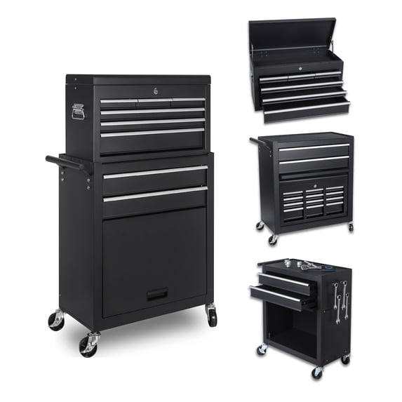 8-Drawer Rolling Tool Chest,Metal Tool Storage Cabinet with Detachable 2-in-1 Top Tool Box,Lockable Casters, Side Hooks, Lockable Drawers with Liners, Mobile Tool Cart for Garage, Workshop,Black