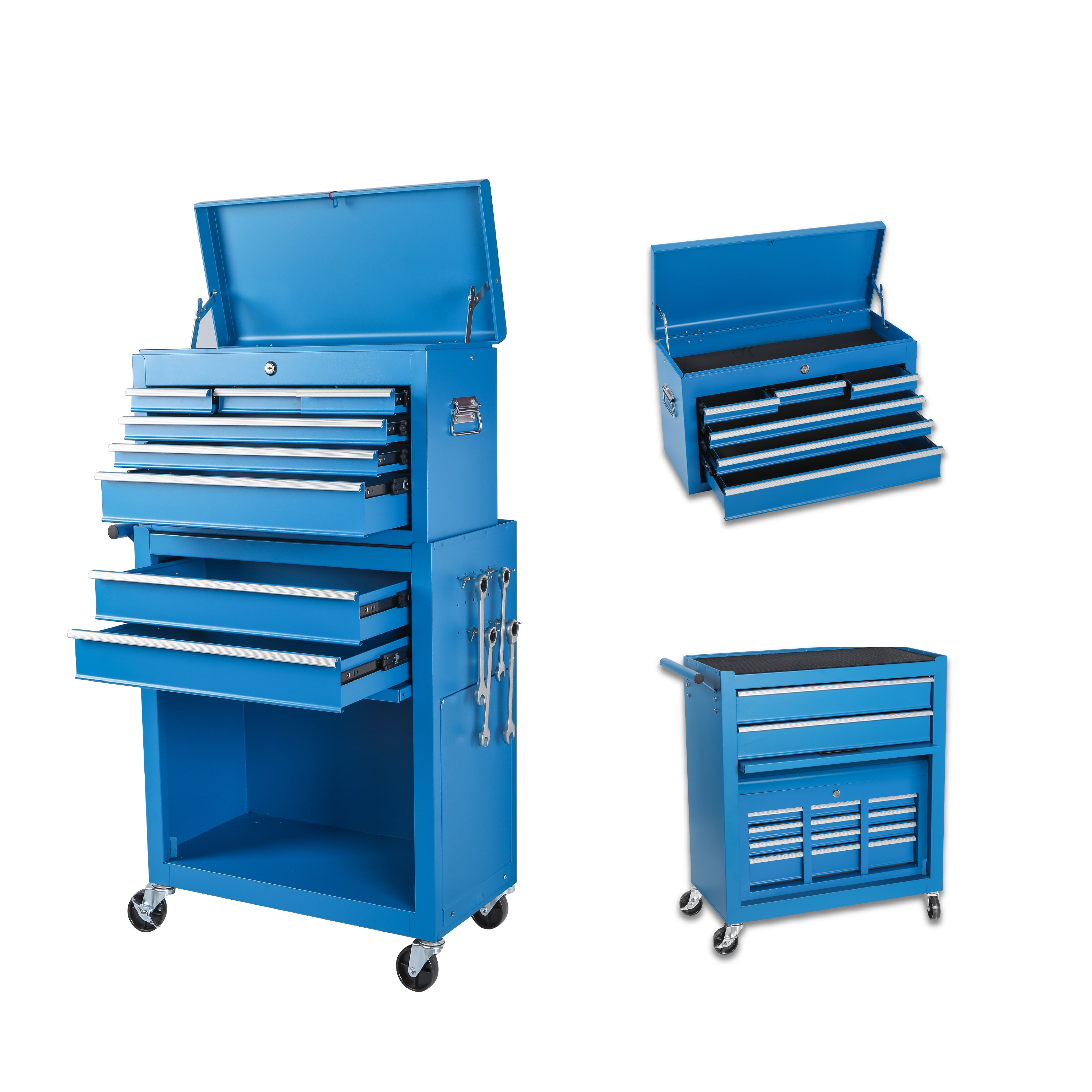 8-Drawer Rolling Tool Chest,Metal Tool Storage Cabinet with Detachable 2-in-1 Top Tool Box,Lockable Casters, Side Hooks, Lockable Drawers with Liners, Mobile Tool Cart for Garage, Workshop,Blue