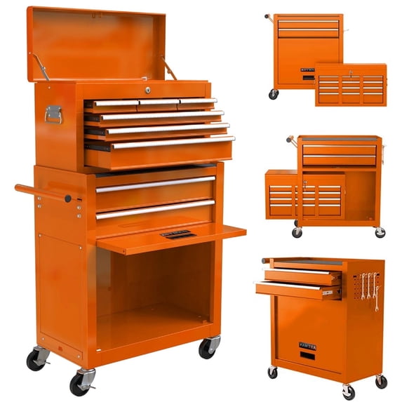 NIGSQJB 8-Drawer Rolling Tool Chest with Wheels, 43.1"H Tool Box Organizer with Detachable Cabinet and Lock, Mechanic Tool Cart for Garage, Warehouse, Repair Shop, Workshops, Orange
