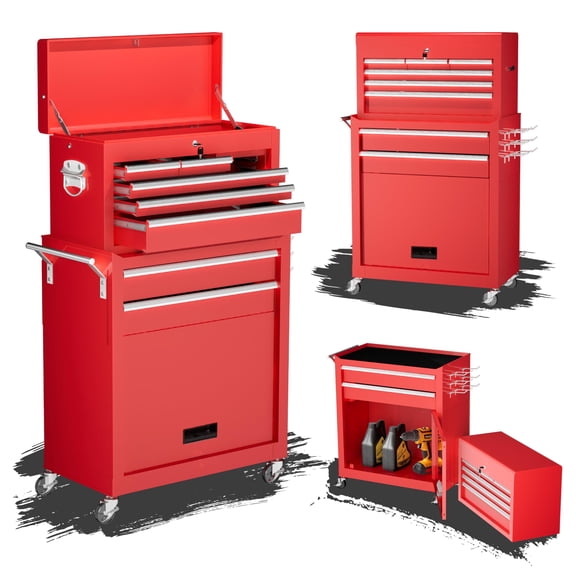 NIGSQJB 8-Drawer Rolling Tool Chest with Wheels, 43.1"H Tool Box Organizer with Detachable Cabinet and Lock, Mechanic Tool Cart for Garage, Warehouse, Repair Shop, Workshops, Red