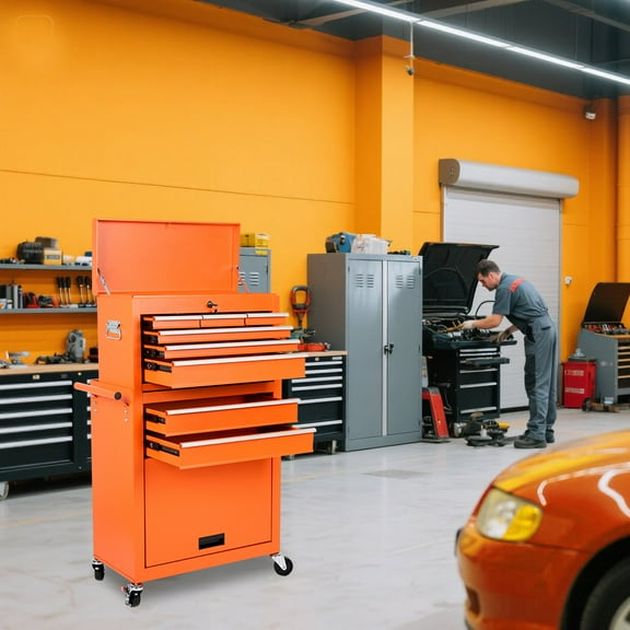 8-Drawer Rolling Tool Chest with Detachable Top Box - Yellow Steel Tool Storage Cabinet for Garage (24.4"L X 13"W X 42.5"H)