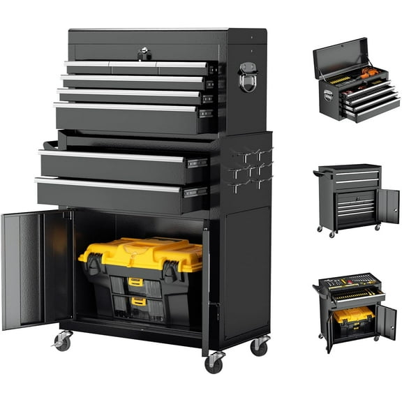 8-Drawer Rolling Tool Chest with Detachable Top Box and Locking Wheels, 2-in-1 Steel Garage Workshop Storage Organizer, Black