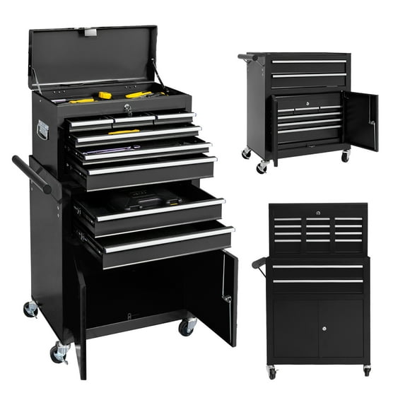 8 Drawer Rolling Tool Storage Cabinet - 2 in 1 large capacity portable overhead cabinet with wheels and drawers for garages, workshops.