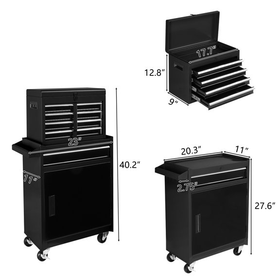 8-Drawer Rolling Tool Storage Cabinet with Lockable Wheels, Detachable Top, Drawers, and Side Hooks for Garage, Warehouse, and Maintenance Workshop Organization
