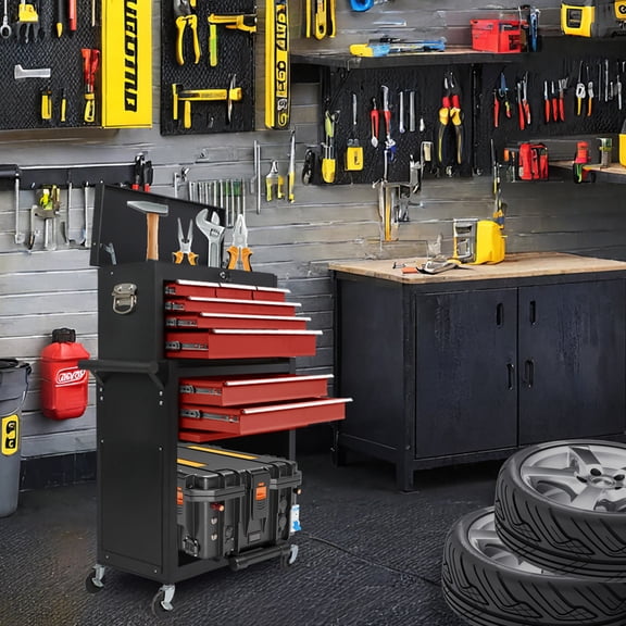 8-Drawer Rolling Toolbox with Detachable Cabinet & Lock, Large Capacity Storage on Wheels for Workshop & Garage - Black & Red