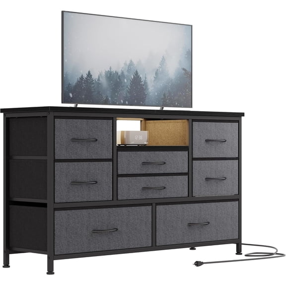 OUTGOODS 55" TV Stand w/ Power Outlet & LED Lights, 8-Drawer Storage Cabinet, Dark Gray