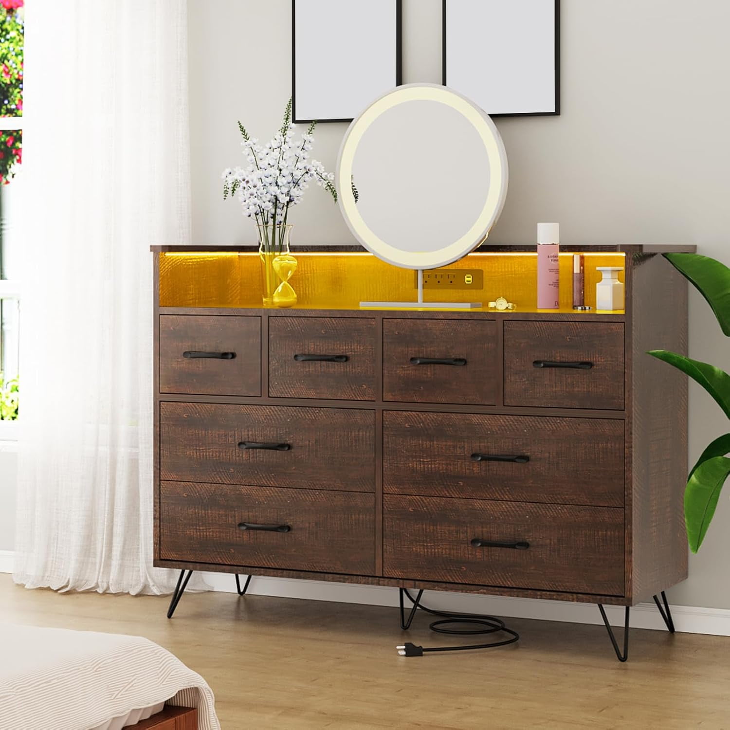 8 Drawer Wood Dressers for Bedroom with Led Light and Power Outlet, Wooden Dressers with Open Shelves and Gold Handle for Adult and Kids Bedroom, 16.6" Wide Modern Chest of Drawers for Living Room