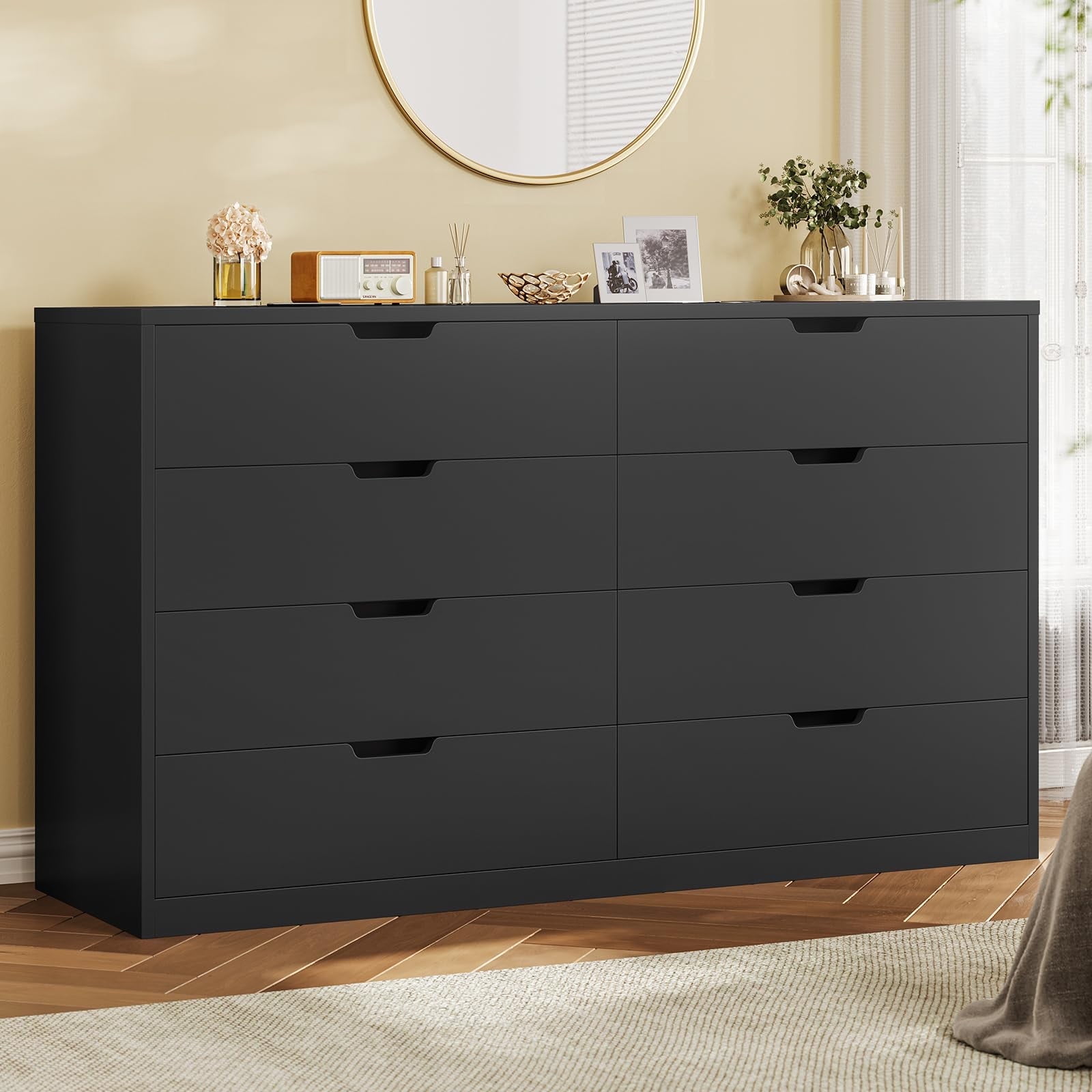 8 Drawers Double Dresser for Living Room, Closet, Hallway, Entryway,Black Dresser for Bedroom, Modern Wood Chest of Drawers 8 Drawer Dresser with Large Capacity