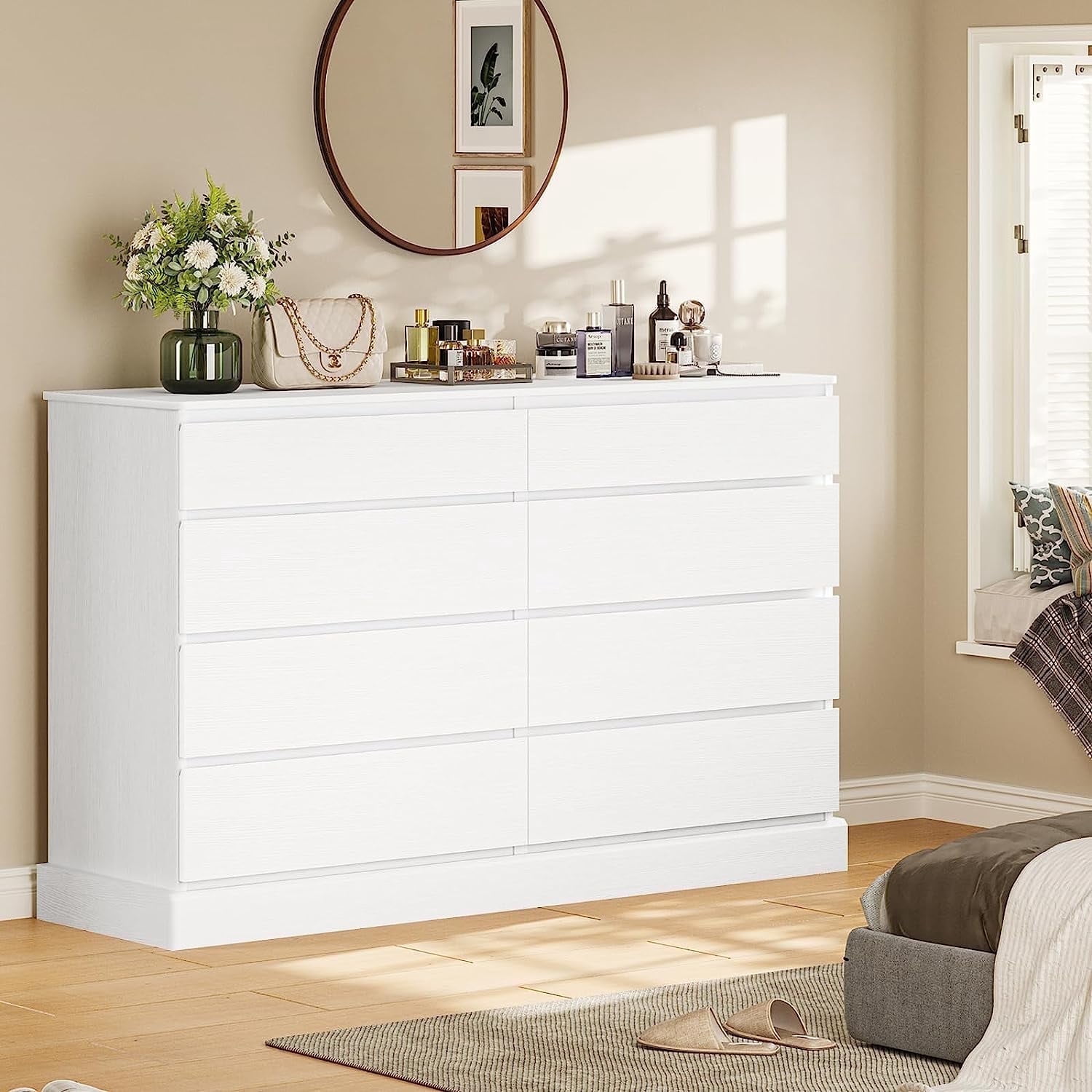 8 Drawers Double Dresser Wooden White Dresser Chest of Drawers for Bedroom,Large Storage Cabinet for Home Living Room