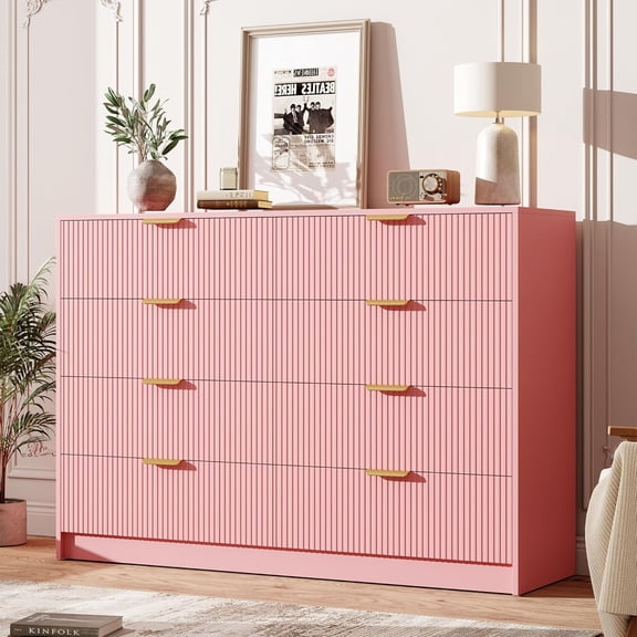 8 Drawers Dresser for Bedroom - 54" Wide Modern Fluted Double Chest of Drawers with Golden Metal Handles, Large TV Stand Multi-Function Home Organizer for Living Room, Entryway, Hallway, Pink