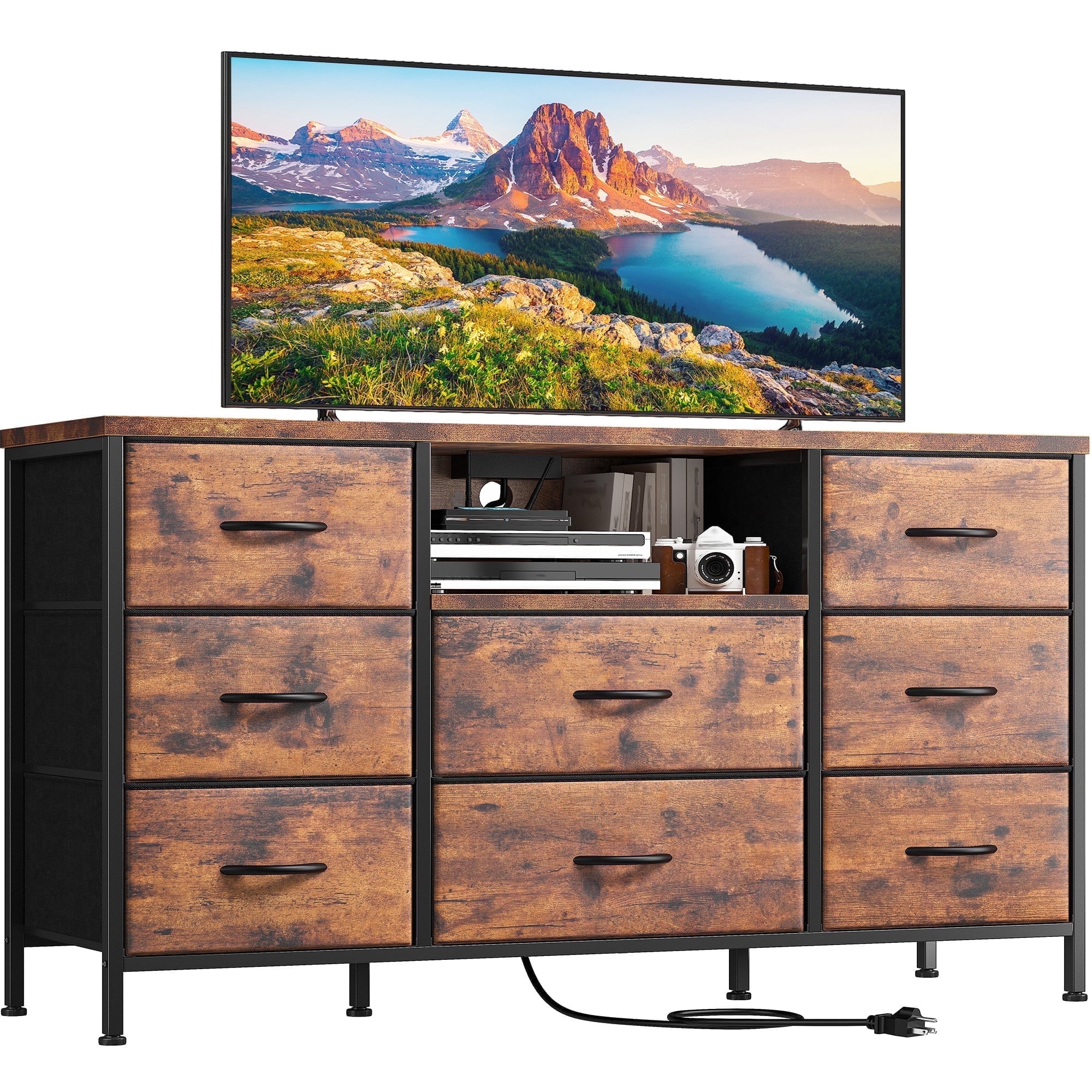 8 Drawers Dresser for Bedroom with Charging Station Fabric Chest of Drawers,Rustic Brown