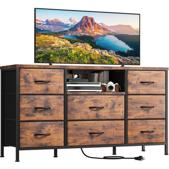 8 Drawers Dresser for Bedroom with Charging Station Fabric Chest of Drawers,Rustic Brown