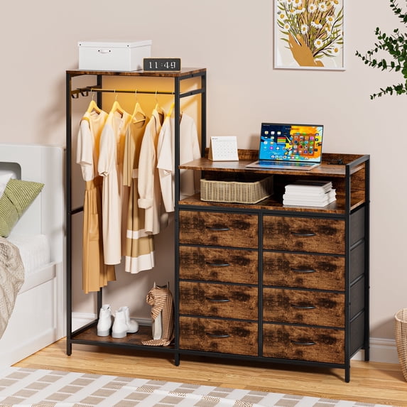 VNT 8 Drawer Dresser with Hanging Rack, Fabric Chest of Drawer with Charging Station & LED Lights for Bedroom (Rustic Brown)