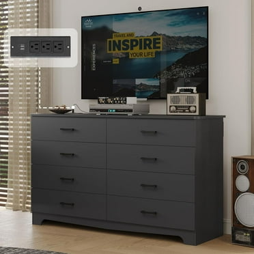 8 Drawers Dresser with Charging Station Modern Chest of Drawers Storage Organizer for Bedroom, Black
