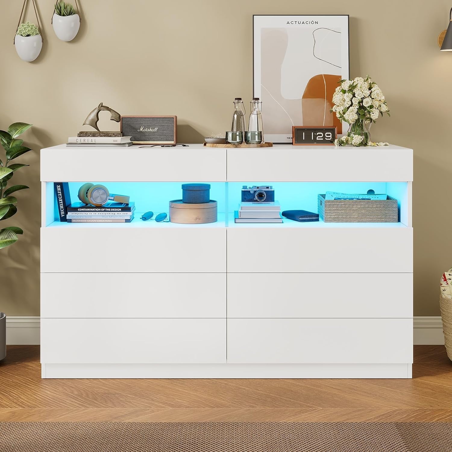 8 Drawers Dresser with Light, Wooden Chest of Drawers with Open Compartment,Modern Wide LED Dresser for Bedroom Living Room,White