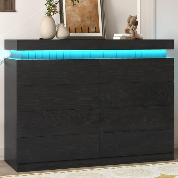 8 Drawers Dresser with Power Outlet, Modern Chest of Drawers with LED Light, Double Drawer Organizer Cabinet for Bedroom, Living Room, Hallway, Black