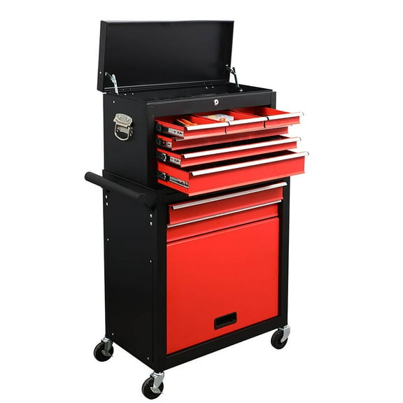 8 Drawers large capacity rolling toolbox, detachable cabinet storage toolbox with wheels and drawers, detachable toolbox with lock for workshop mechanical garage BLACK+RED