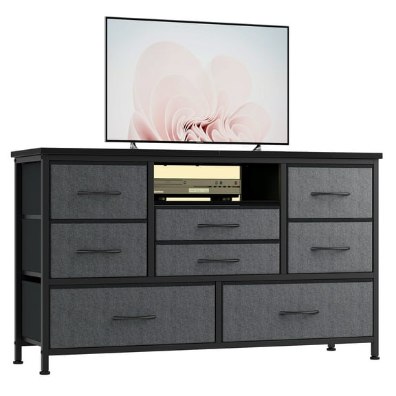 8 Dresser TV Stand with Power Outlet & LED for 55'' TV, Long Dresser for Bedroom with 8 Deep Drawers, Wide Console Table for Storage in Closet, Living Room, Entryway, Wood Top ,Grey