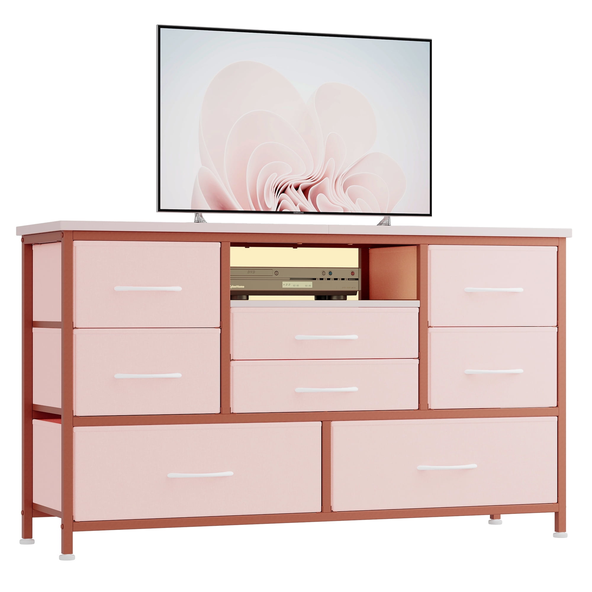 8 Dresser TV Stand with Power Outlet & LED for 55'' TV, Long Dresser for Bedroom with 8 Deep Drawers, Wide Console Table for Storage in Closet, Living Room, Entryway, Wood Top ,Pink