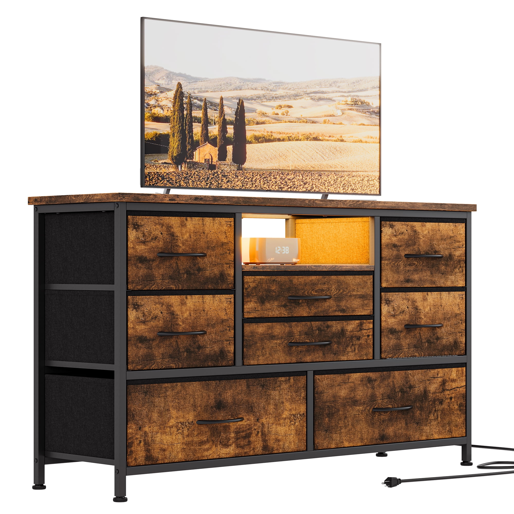 8 Dresser TV Stand with Power Outlet & LED for 55'' TV, Long Dresser for Bedroom with 8 Deep Drawers, Wide Console Table for Storage in Closet, Living Room, Entryway, Wood Top
