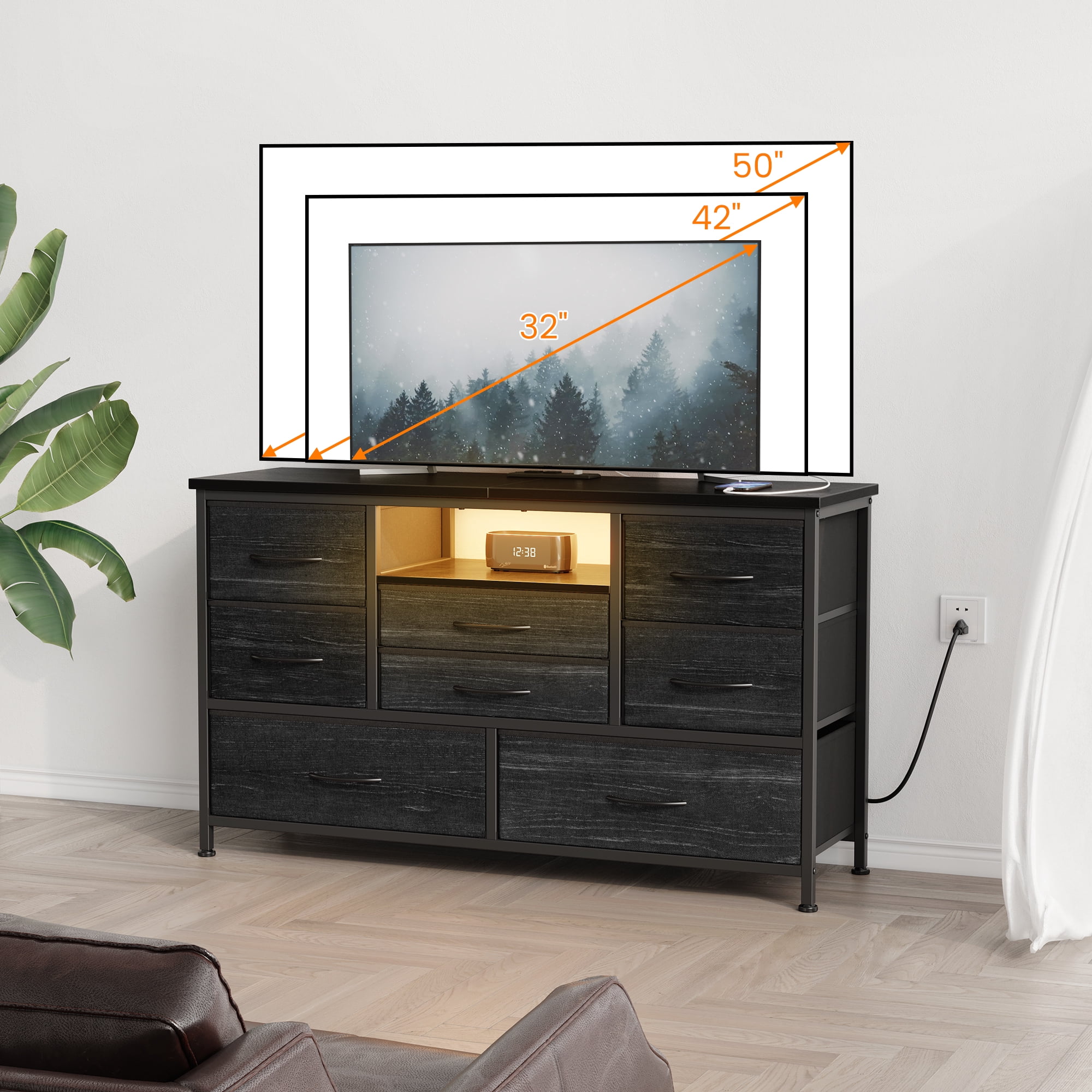 Outop 8 Dresser TV Stand with Power Outlet and Led Dark Gray